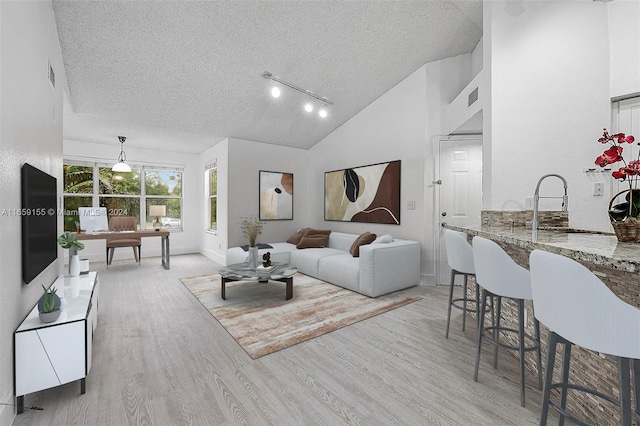 living room with high vaulted ceiling, a textured ceiling, and light wood-type flooring