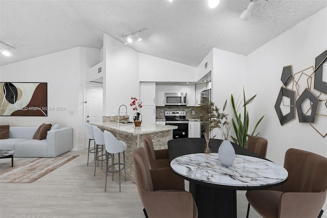 kitchen with white cabinetry, rail lighting, stainless steel appliances, and light hardwood / wood-style floors