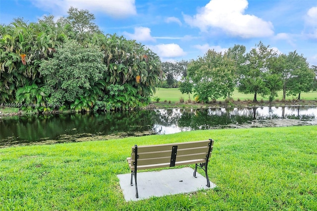 view of home's community featuring a lawn and a water view