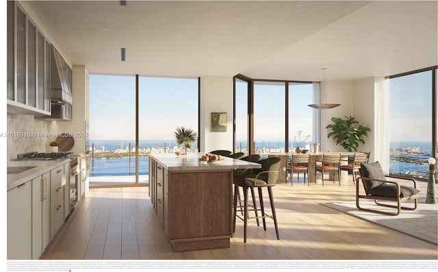 kitchen featuring a water view, expansive windows, a kitchen island, and light wood-type flooring