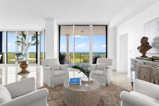 living room featuring crown molding, expansive windows, and plenty of natural light