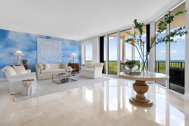 living room with floor to ceiling windows