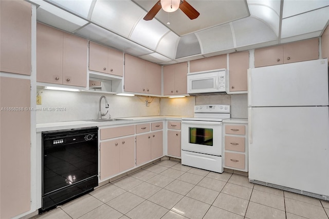 kitchen featuring ceiling fan, sink, backsplash, white appliances, and light tile patterned flooring