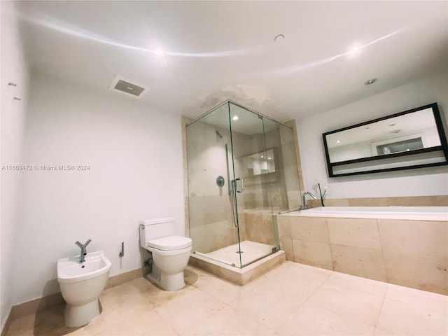 bathroom featuring a bidet, toilet, tile patterned flooring, and plus walk in shower