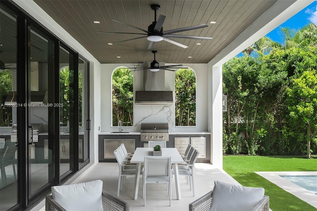 7001 SW 71st Ave, Miami, FL 33143 - view of patio / terrace featuring area for grilling, a sink, ceiling fan, and outdoor dining area