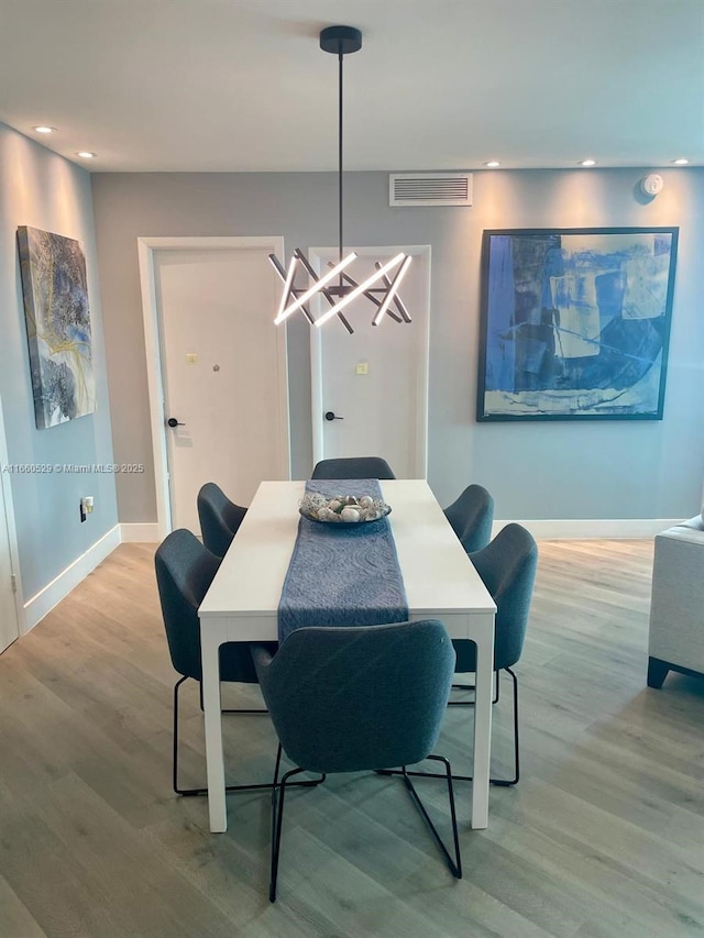 dining space featuring recessed lighting, visible vents, baseboards, and wood finished floors