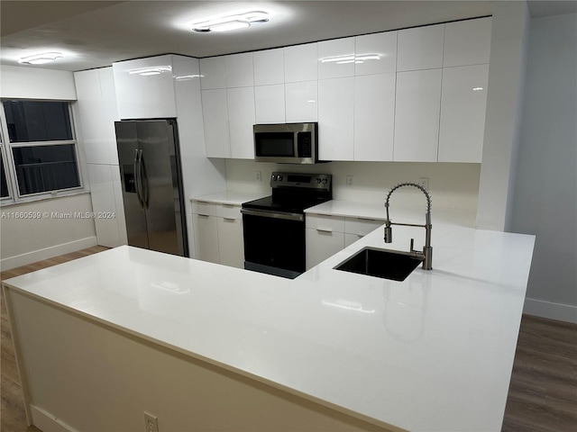 kitchen featuring kitchen peninsula, appliances with stainless steel finishes, dark wood-type flooring, sink, and white cabinets