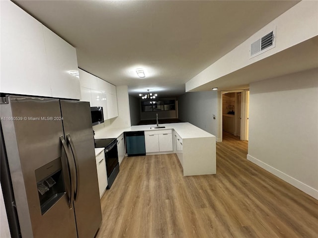 kitchen featuring white cabinetry, sink, stainless steel appliances, light hardwood / wood-style flooring, and kitchen peninsula