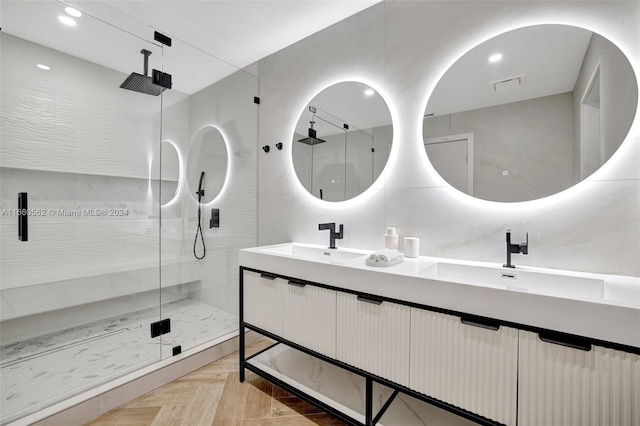 bathroom with walk in shower, decorative backsplash, and vanity