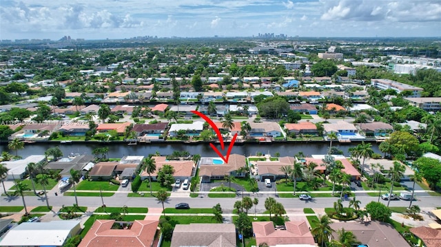 aerial view featuring a water view