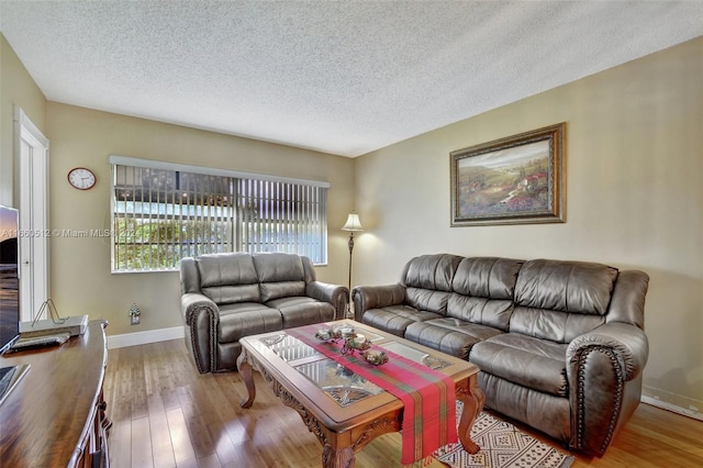 living room with a textured ceiling and light hardwood / wood-style flooring