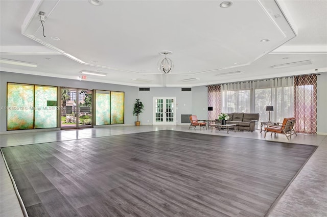 workout room featuring hardwood / wood-style floors