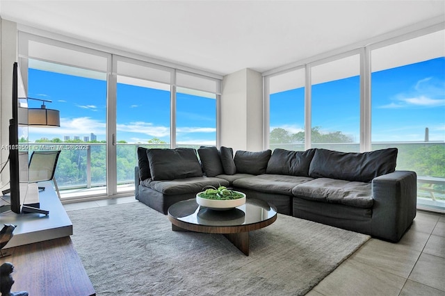 living room with a wall of windows