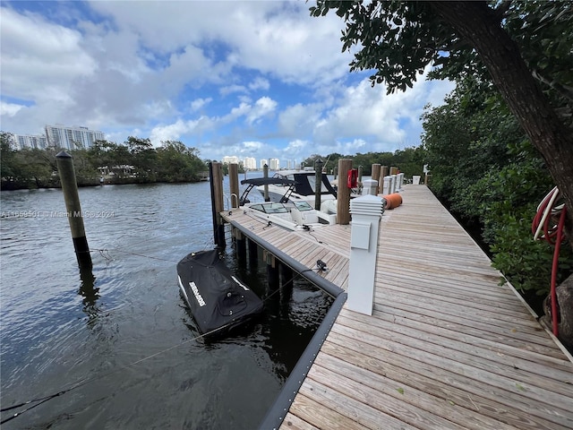 view of dock with a water view