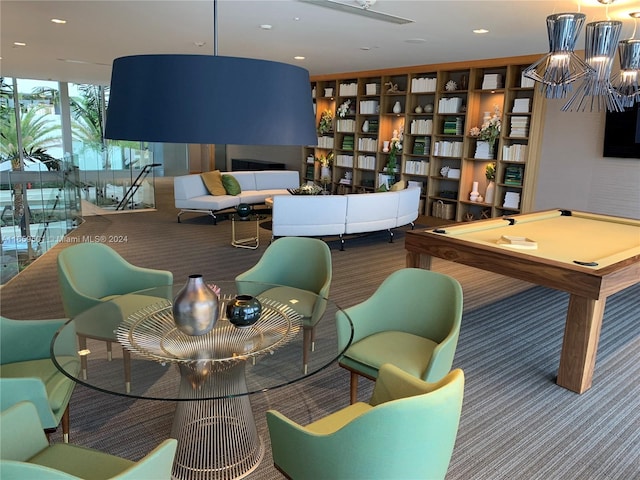 16385 Biscayne Blvd Unit 421, North Miami Beach, FL 33160 - recreation room with billiards table, carpet floors, a chandelier, recessed lighting, and floor to ceiling windows