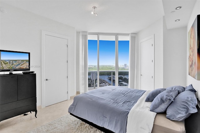 bedroom with light carpet and expansive windows