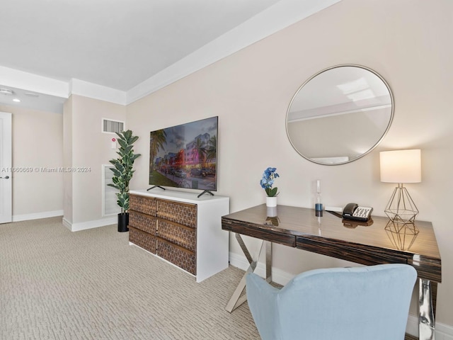 carpeted office space with crown molding