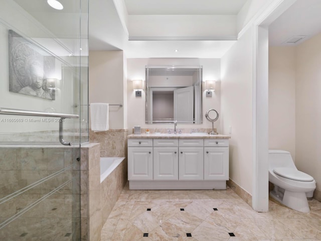 full bathroom with vanity, plus walk in shower, and toilet