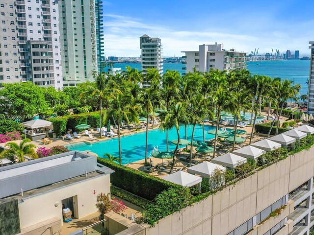 drone / aerial view featuring a water view