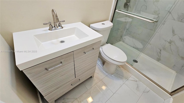 full bathroom featuring a marble finish shower, toilet, marble finish floor, and vanity