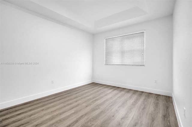 unfurnished room featuring light hardwood / wood-style floors and a raised ceiling