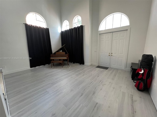 entryway with a high ceiling and light hardwood / wood-style floors