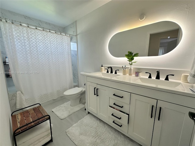 full bathroom featuring vanity, tile patterned floors, toilet, and shower / bath combination with curtain