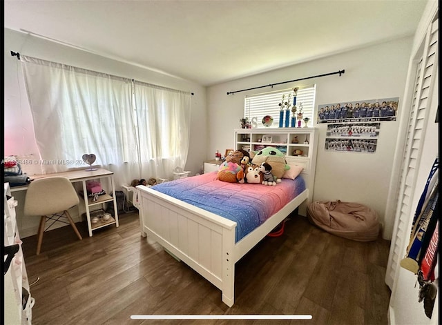 bedroom featuring dark wood-type flooring and multiple windows