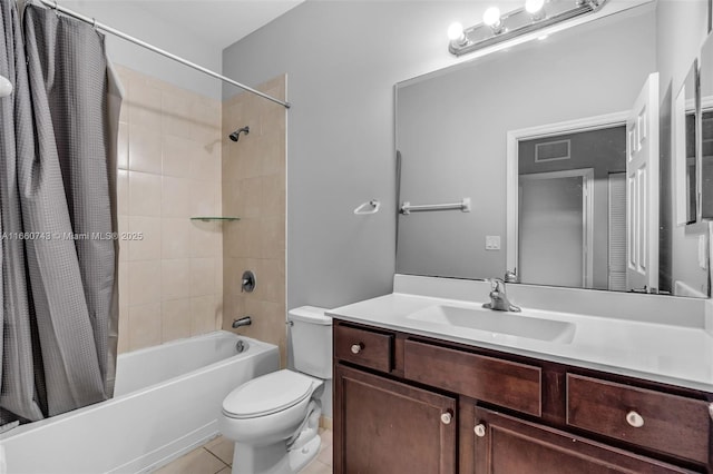 full bathroom with tile patterned flooring, vanity, toilet, and shower / tub combo with curtain