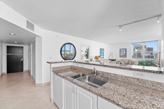 kitchen with a textured ceiling, white cabinetry, sink, and track lighting