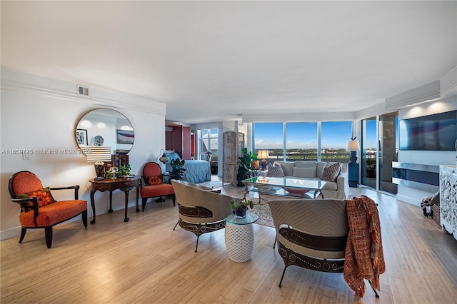 living room featuring floor to ceiling windows and light hardwood / wood-style floors