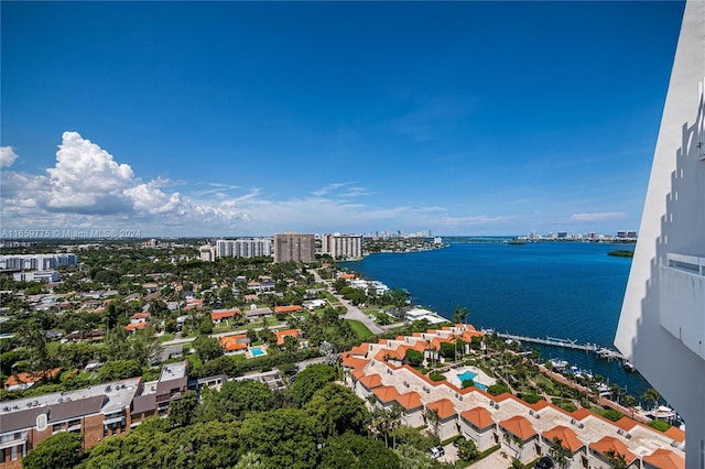 drone / aerial view featuring a water view