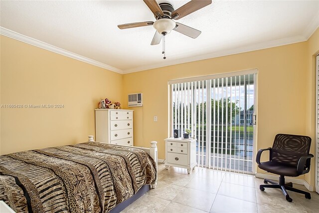 tiled bedroom featuring access to outside, crown molding, and ceiling fan