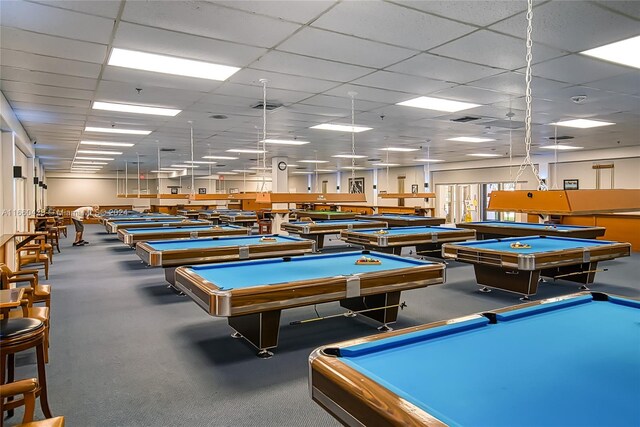 playroom featuring carpet floors, billiards, and a paneled ceiling