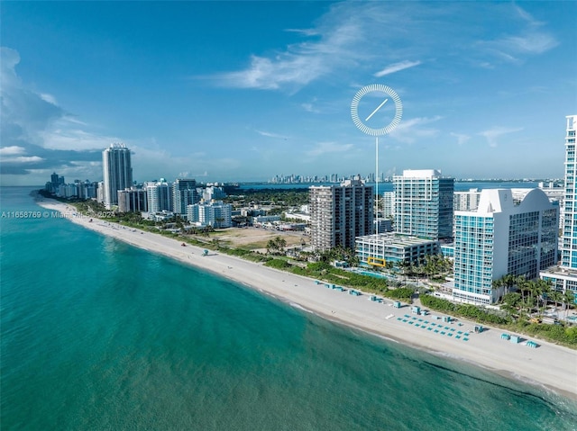 aerial view featuring a water view and a view of the beach