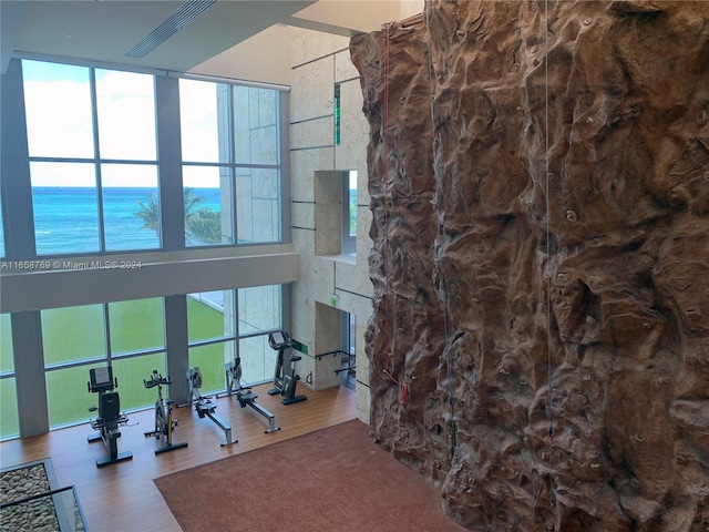 workout area featuring hardwood / wood-style floors and a water view