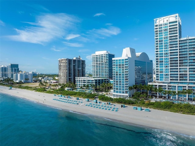 bird's eye view featuring a water view and a view of the beach