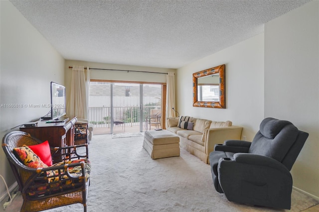 living room with a textured ceiling and carpet flooring