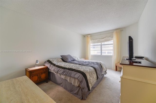 carpeted bedroom with a textured ceiling