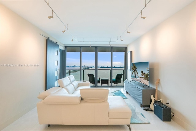 living room with a wall of windows and rail lighting