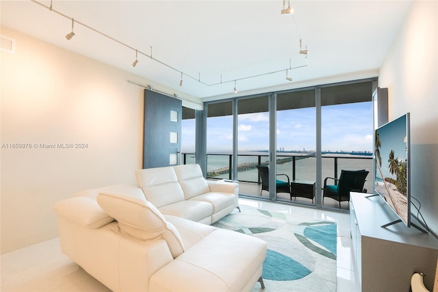 living room with a wall of windows, a healthy amount of sunlight, and rail lighting