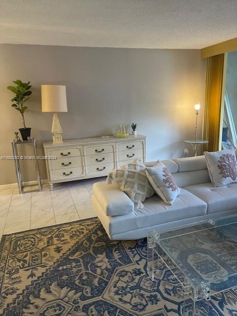 living room featuring a textured ceiling