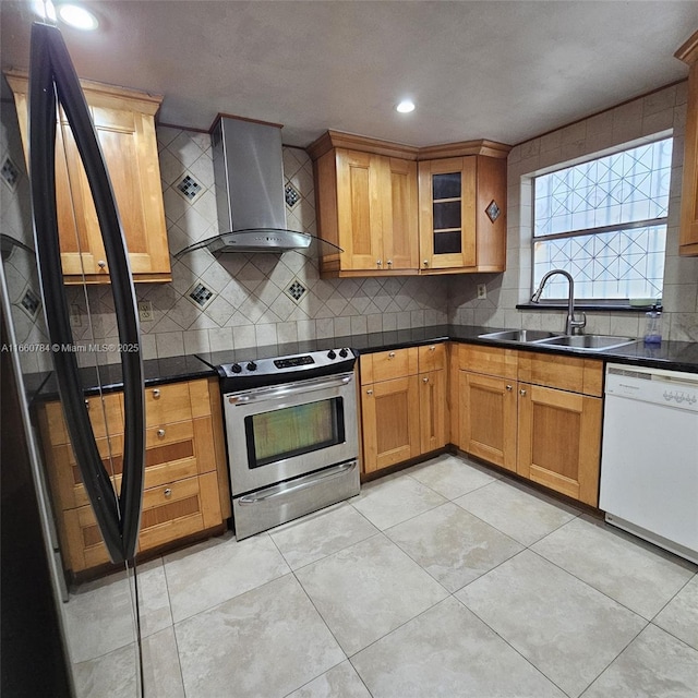 kitchen with tasteful backsplash, dishwasher, sink, stainless steel range with electric stovetop, and wall chimney exhaust hood