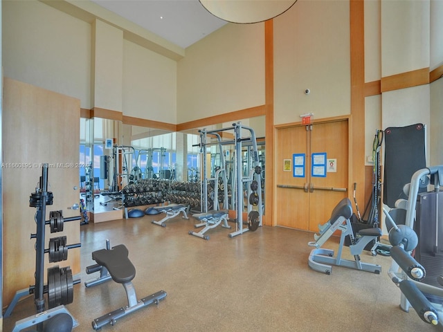 exercise room with a high ceiling