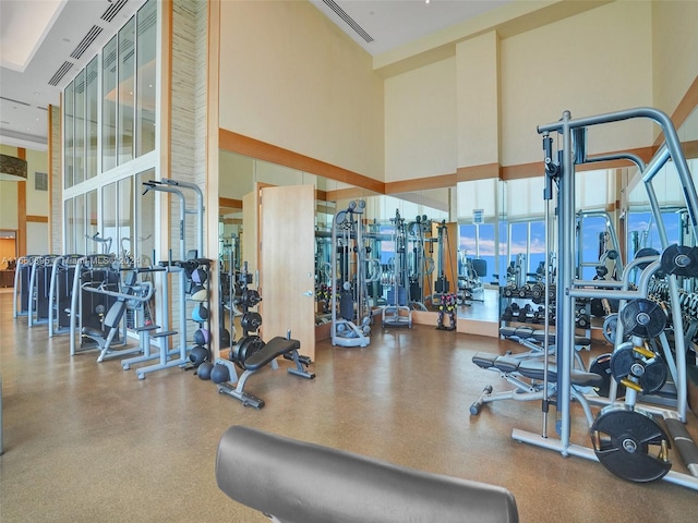 exercise room with a towering ceiling