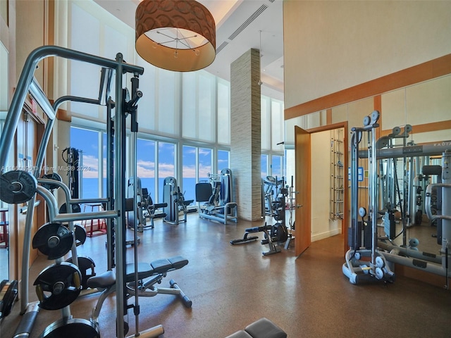 exercise room with a high ceiling