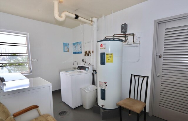 clothes washing area featuring separate washer and dryer and water heater