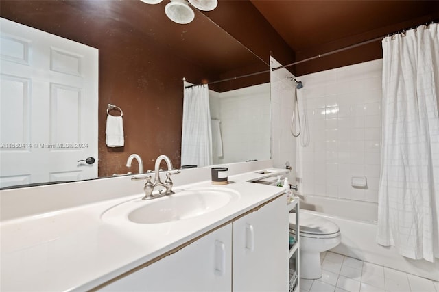 full bathroom with shower / bathtub combination with curtain, tile patterned floors, vanity, and toilet