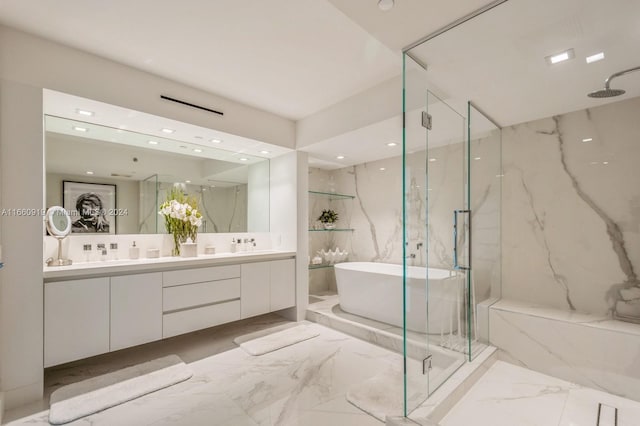 bathroom with vanity and plus walk in shower