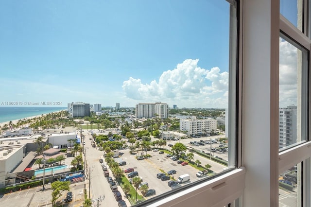 interior space featuring a water view